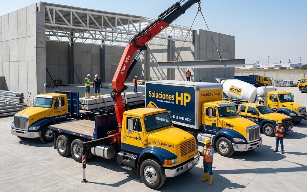 Flota de HPSolución: grúa Hiab, camión de carga y revolvedoras en obra